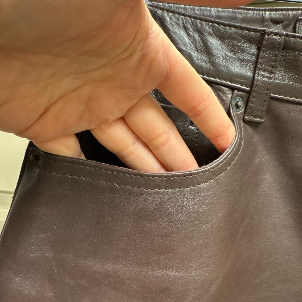 RARE GENUINE Y2K GAP Brown Leather Luxury Weight Fully Lined Jean Cut Pants - Picture 5 of 13